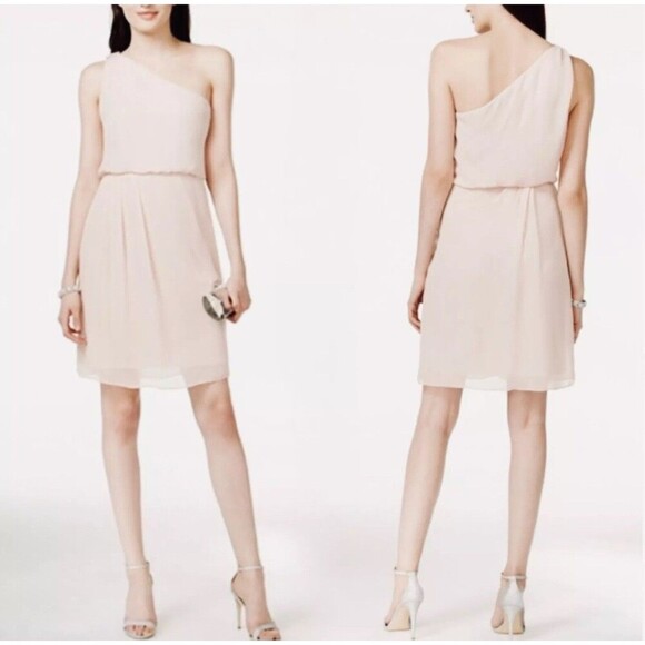 ADRIANNA PAPELL Embellished chiffon pink Blush color One-Shoulder SZ 14 - Picture 1 of 14